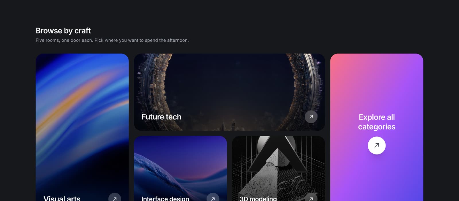 The Browse by craft section: a bento of five category tiles &mdash; visual arts, future tech, interface design, 3D modeling &mdash; beside an Explore all categories panel.