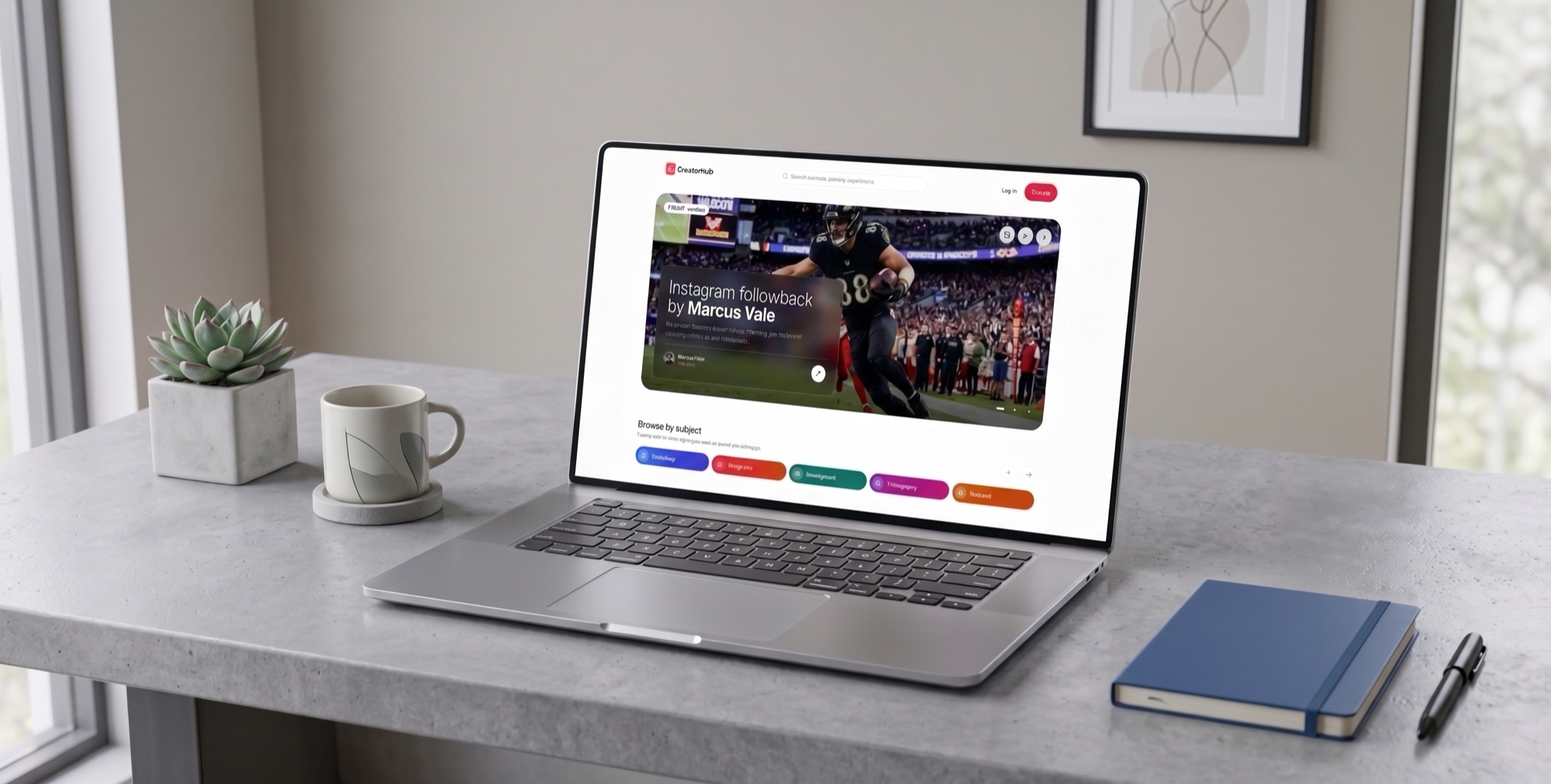 The CreatorHub marketplace open on a laptop: a featured listing for an Instagram followback by Marcus Vale, with subject categories below it.