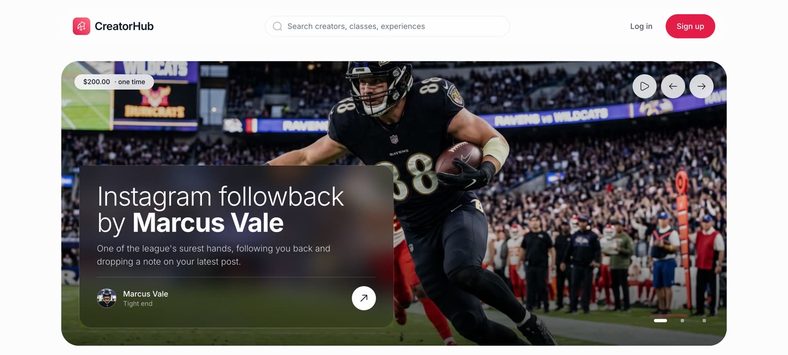 The CreatorHub home page: a featured listing for an Instagram followback by Marcus Vale at $200, over a search field and category filters.