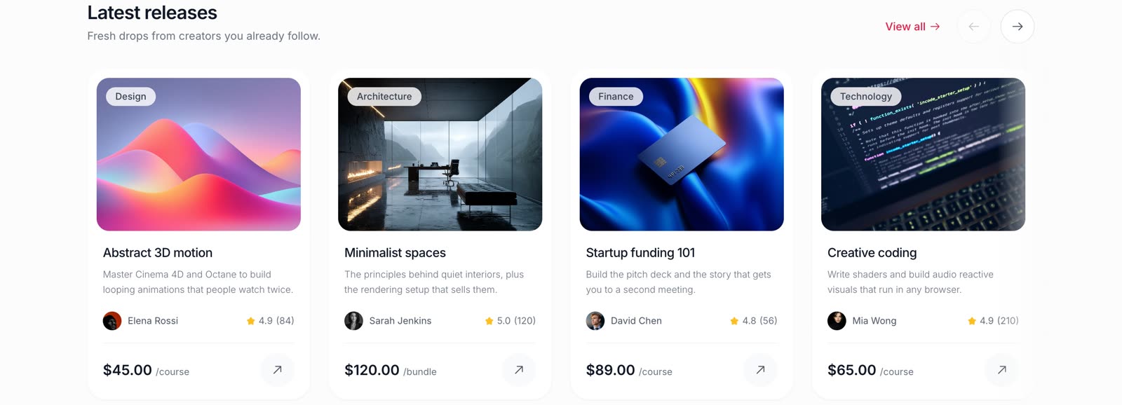 The Latest releases row: four course cards with cover art, creator, rating and price, from $45 to $120.