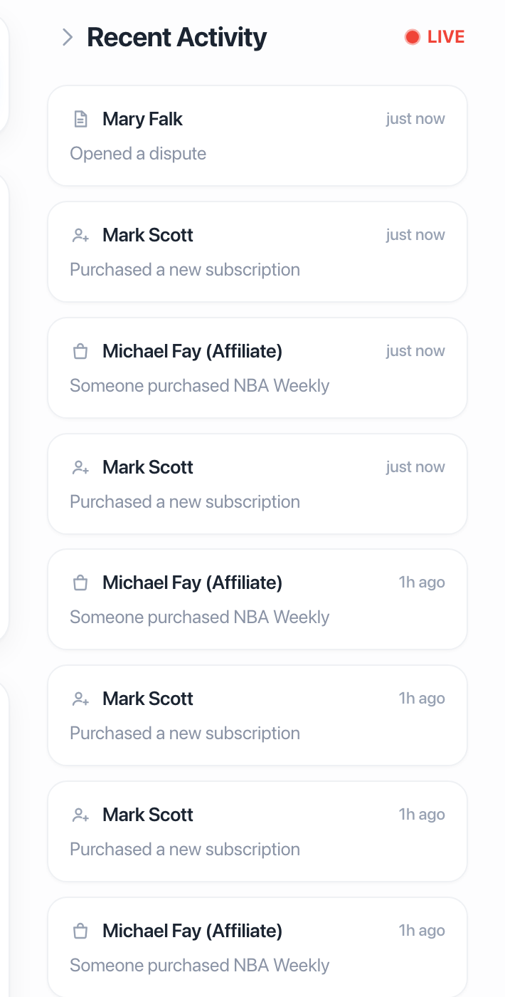 The live activity feed, listing events on the platform as they happen.