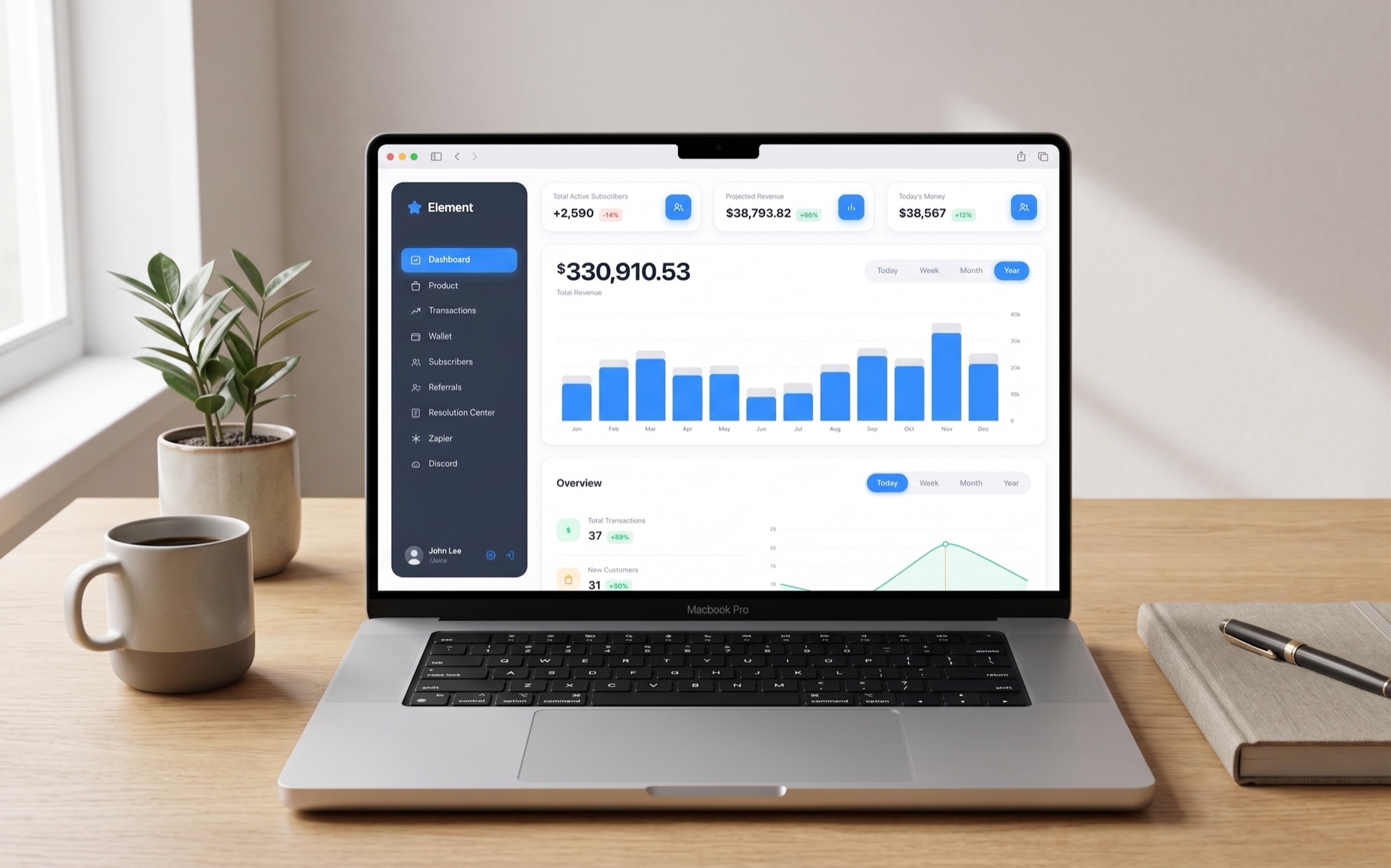 The Element dashboard open on a laptop: sidebar navigation, three stat cards, a year of revenue as a bar chart, and the overview panel below.