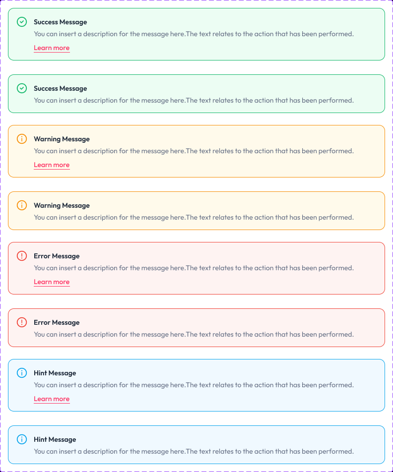 The alert sheet: success, warning, error and hint messages, each shown with and without a Learn more link.