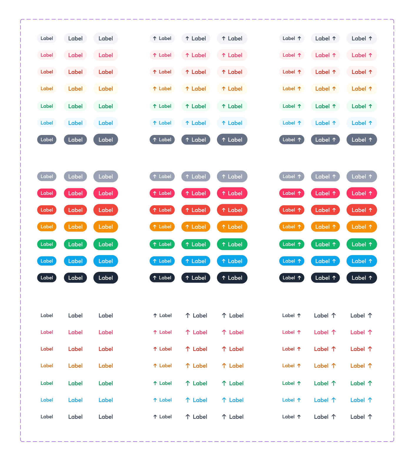 The badge sheet: one badge in every color family the palette carries, at three sizes, with a leading icon, a trailing icon and neither.