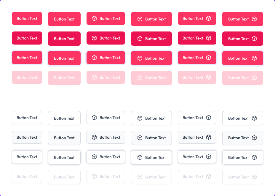 The button sheet: filled and outlined buttons at three sizes, with a leading icon, a trailing icon and neither, each in default, hover, focused and disabled.
