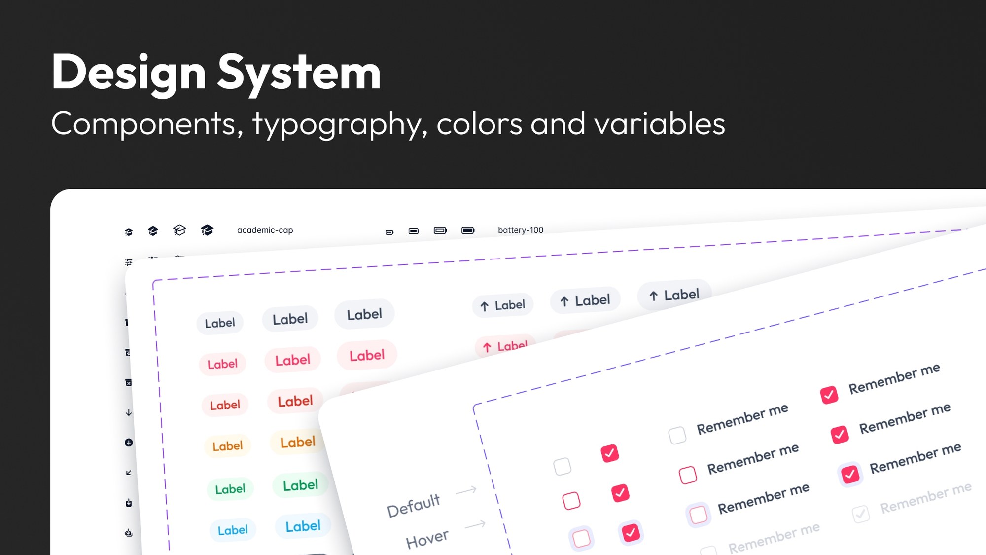 A Design System title card reading "Components, typography, colors and variables", over three overlapping sheets from the file: the icon set, the badges, and the checkbox states.