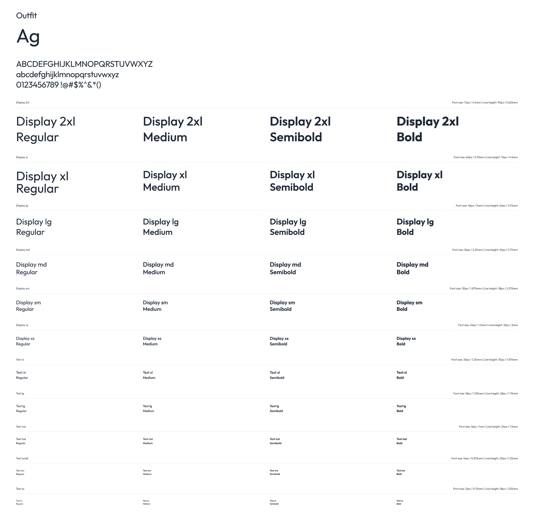 The type page: the Outfit specimen above a scale running from Display 2xl to Text xs, each step in Regular, Medium, Semibold and Bold with its size and line height in px and rem.