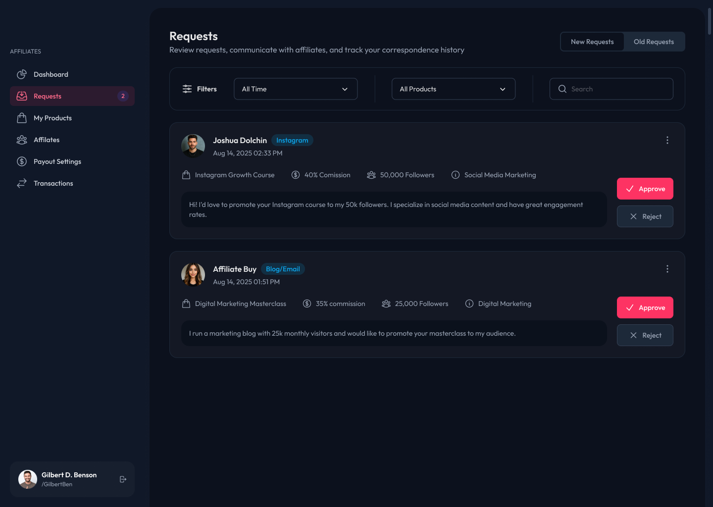 The requests screen shown in both themes at once: the light theme fills the left of the frame and the dark theme the right, split by a draggable handle.