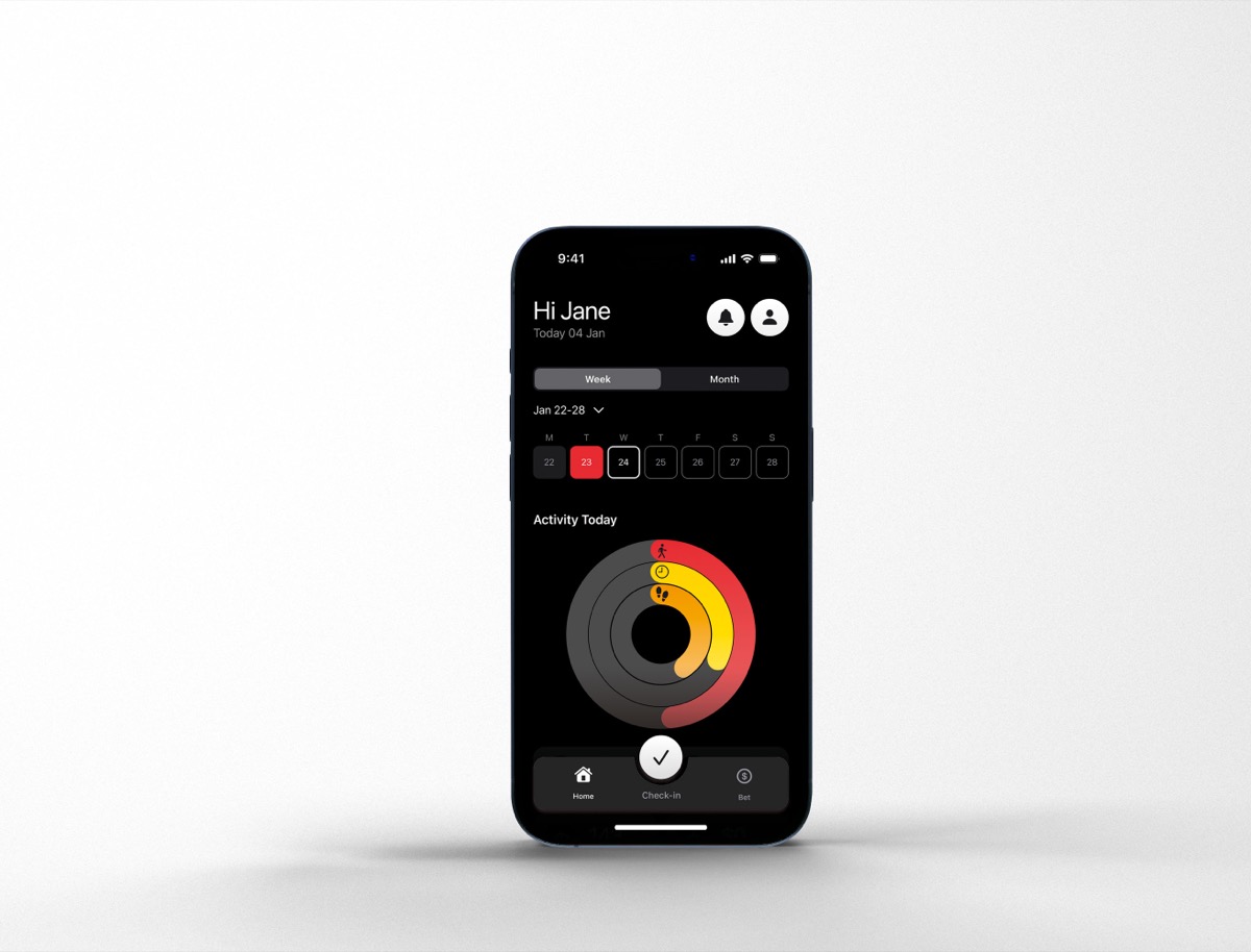 The home screen: activity rings for the day, a date strip, and one check-in button.
