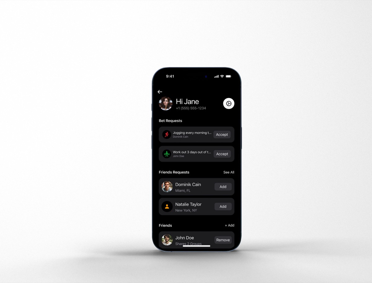 The profile screen, listing bet requests, friend requests and current friends.