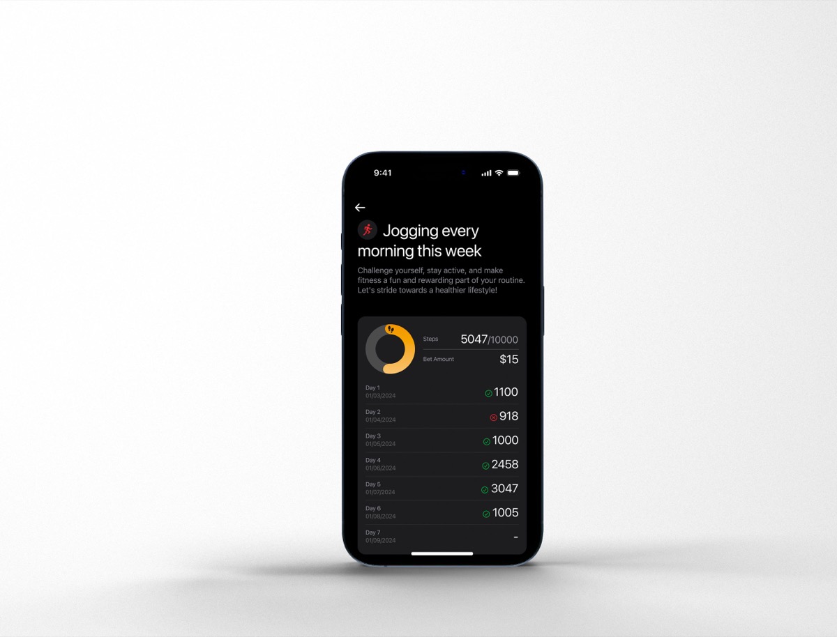 A bet detail screen: steps against target, the stake, and a day-by-day list.