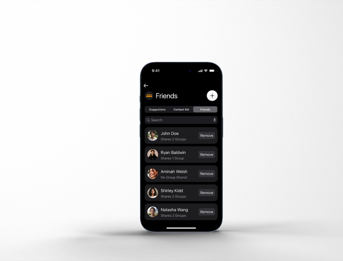 The friends screen, with suggestions, contact list and friends tabs over a search field.