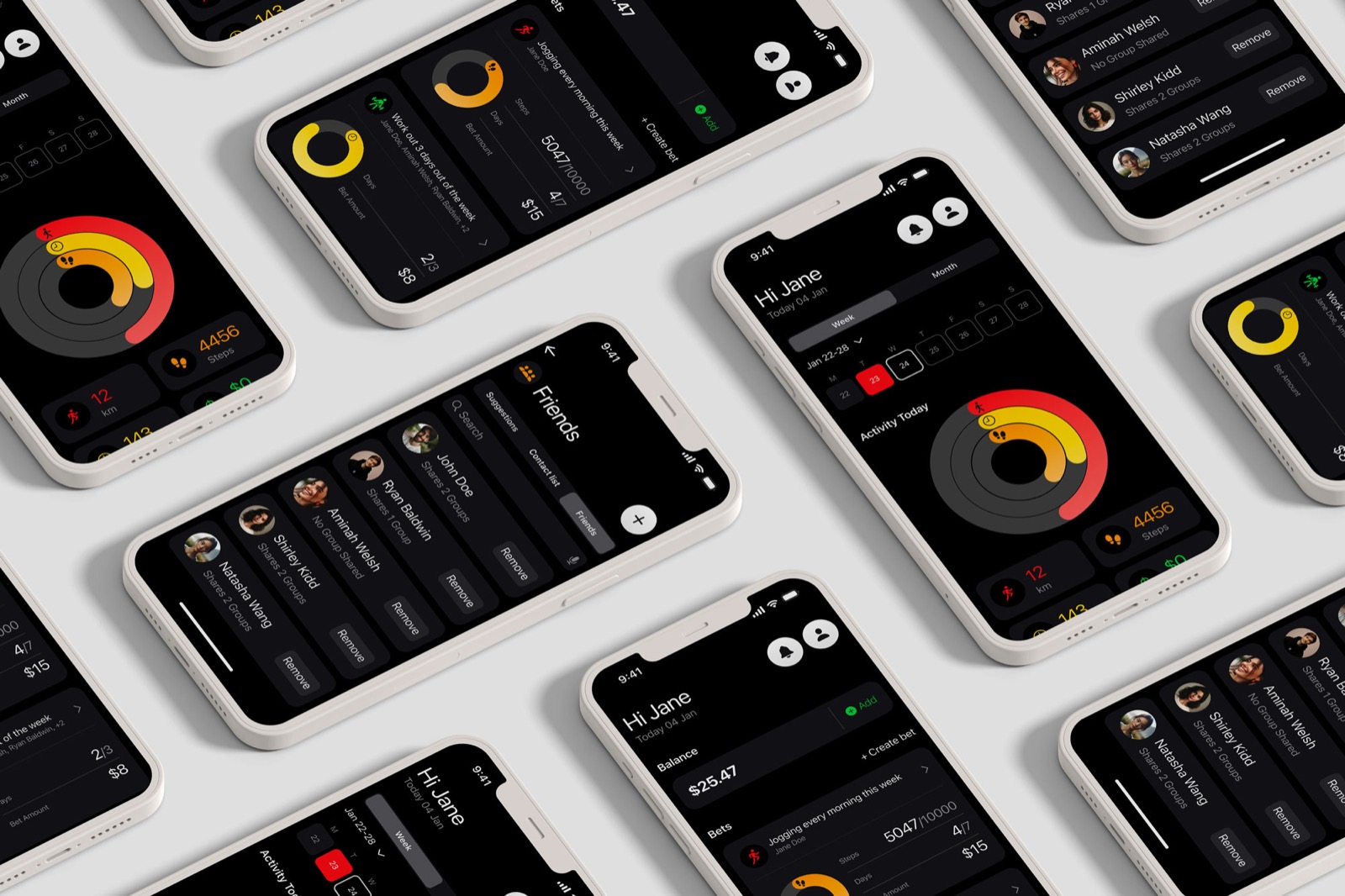 Several phones angled across a pale surface, each showing a screen of the Gym&Bet app.
