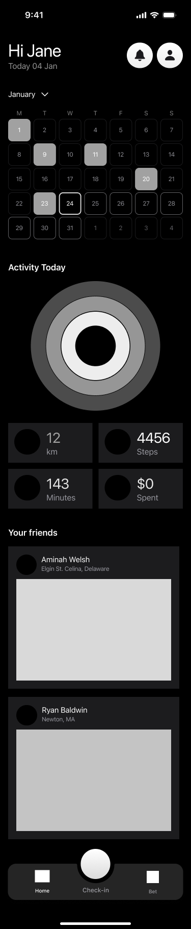 The home screen: a month strip, activity rings for the day, step and distance totals, and the friends list.
