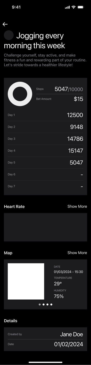 A running bet: steps against target, the stake, a day-by-day breakdown, heart rate and map.