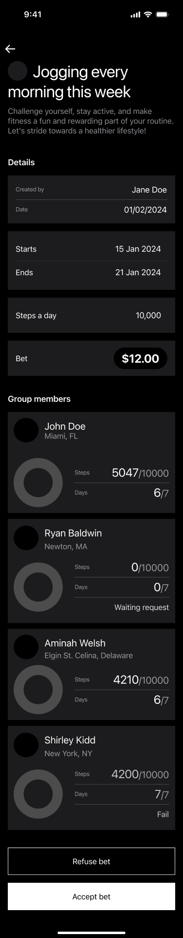 A group bet invitation: terms, dates, every member's progress, and accept or refuse.