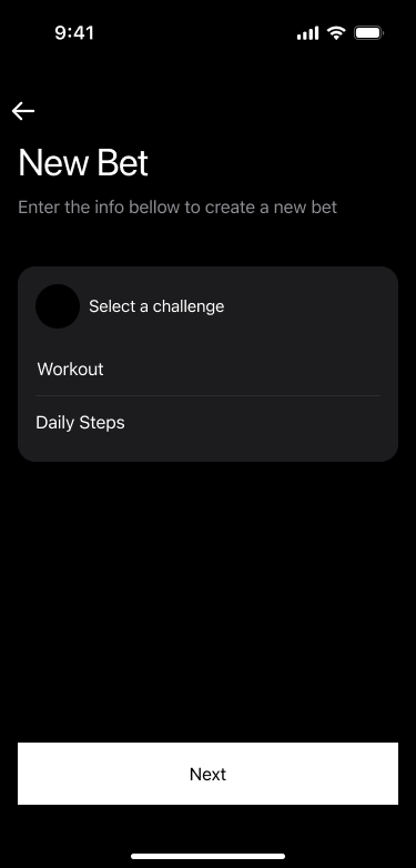 Starting a bet: pick the challenge type, then continue.