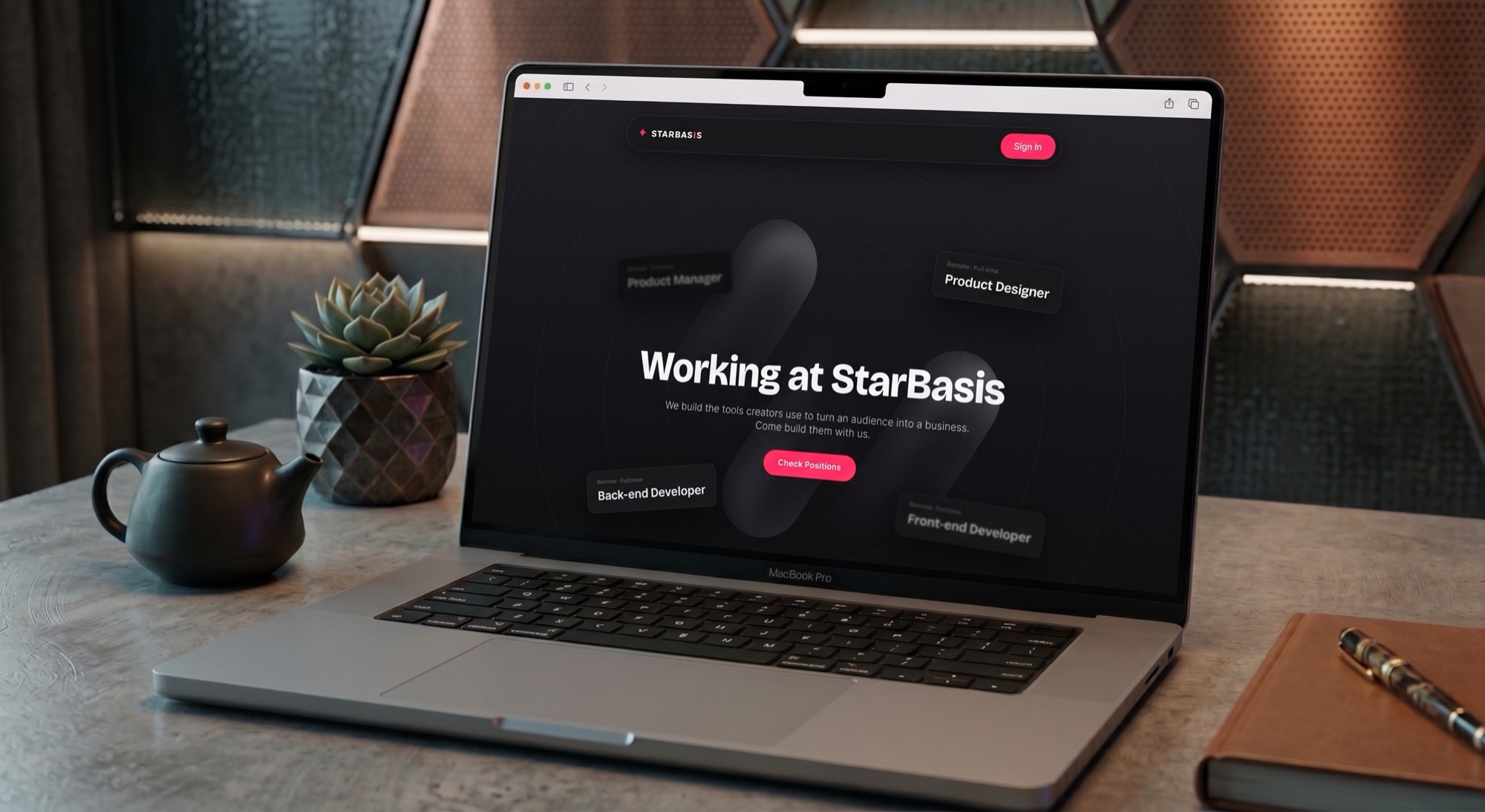 The StarBasis careers page open on a laptop: the headline "Working at StarBasis" with a Check Positions button, and job cards floating around it.