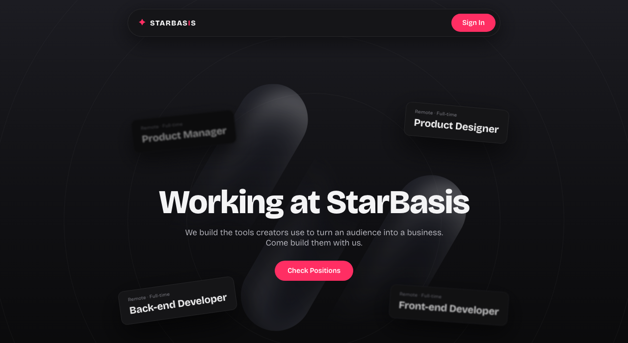 The StarBasis careers page: the headline "Working at StarBasis" over a Check Positions button, with role cards floating around it.