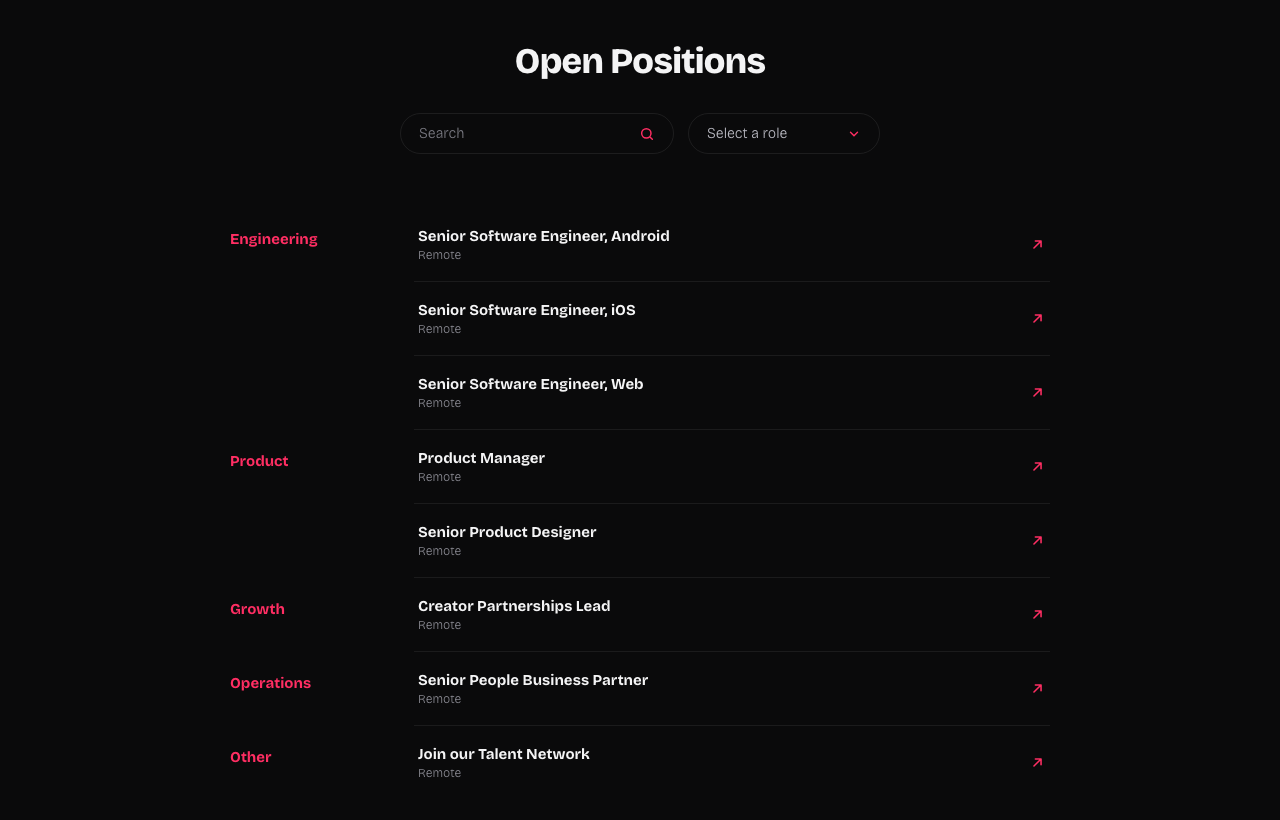 The Open Positions list, filtered by search and role, grouped under Engineering, Product, Growth, Operations and Other.