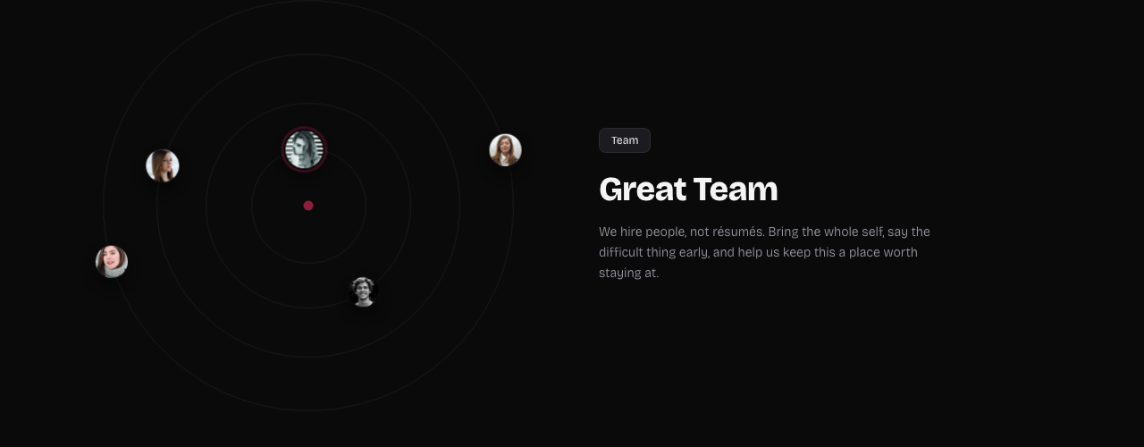 The team section, headed "Great Team", with staff portraits orbiting a central point on concentric rings.