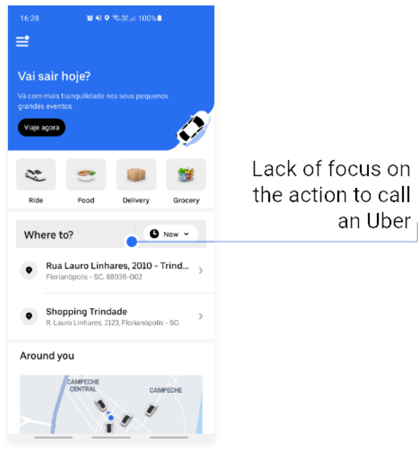Uber's home screen, annotated: &ldquo;Lack of focus on the action to call an Uber.&rdquo;