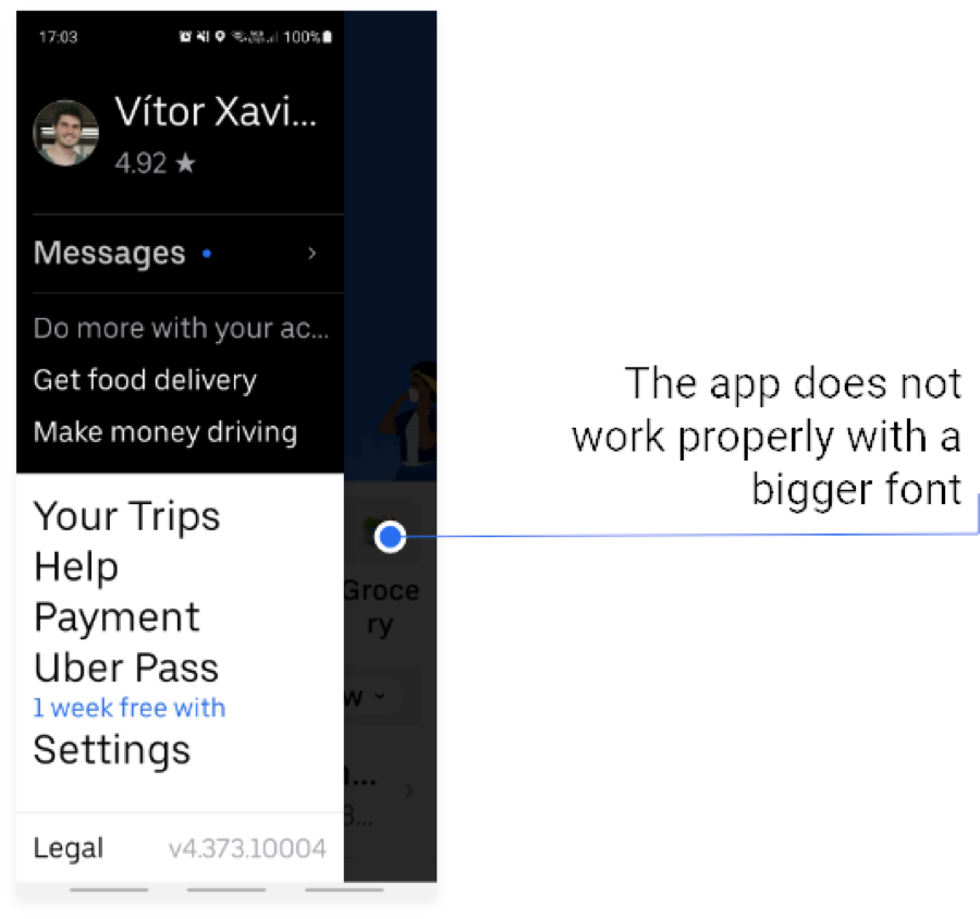 The account menu at a large system font size, annotated: &ldquo;The app does not work properly with a bigger font.&rdquo;