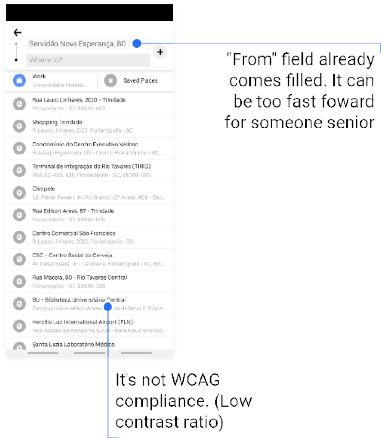 The address search screen, annotated: the &ldquo;from&rdquo; field arrives pre-filled, and the results list fails the contrast ratio.