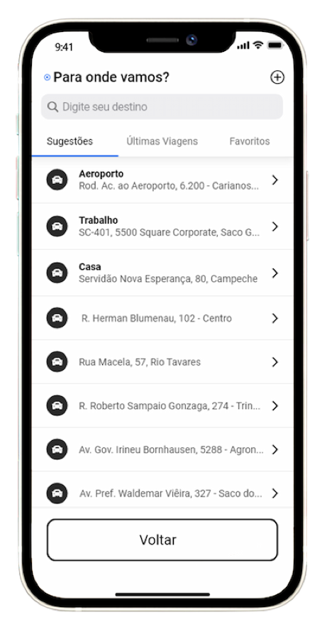 The shipped destination picker, with suggestions, recent trips and favourites.
