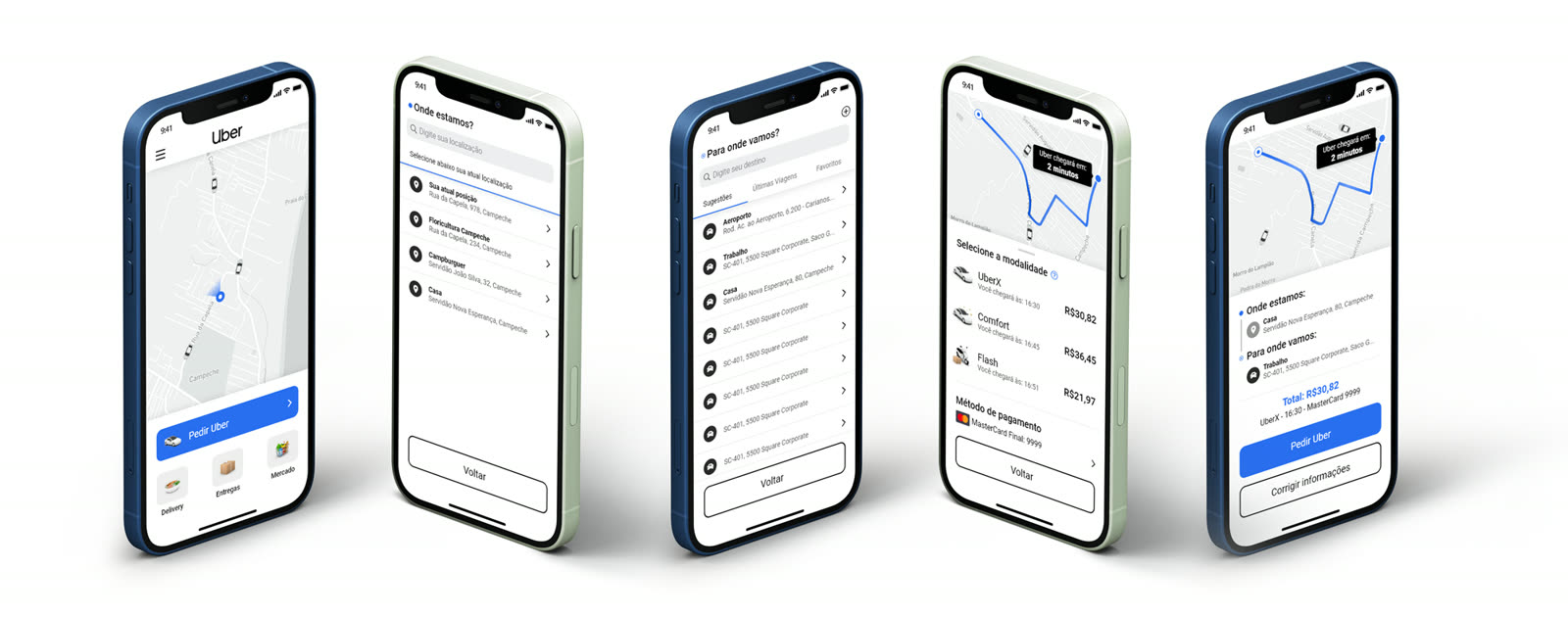 Three phones angled side by side, each showing a screen of the redesigned, WCAG-compliant ride-booking flow.