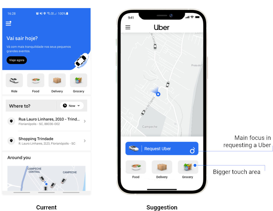 The current home screen beside the suggestion, annotated: &ldquo;Main focus in requesting a Uber&rdquo; and &ldquo;Bigger touch area&rdquo;.