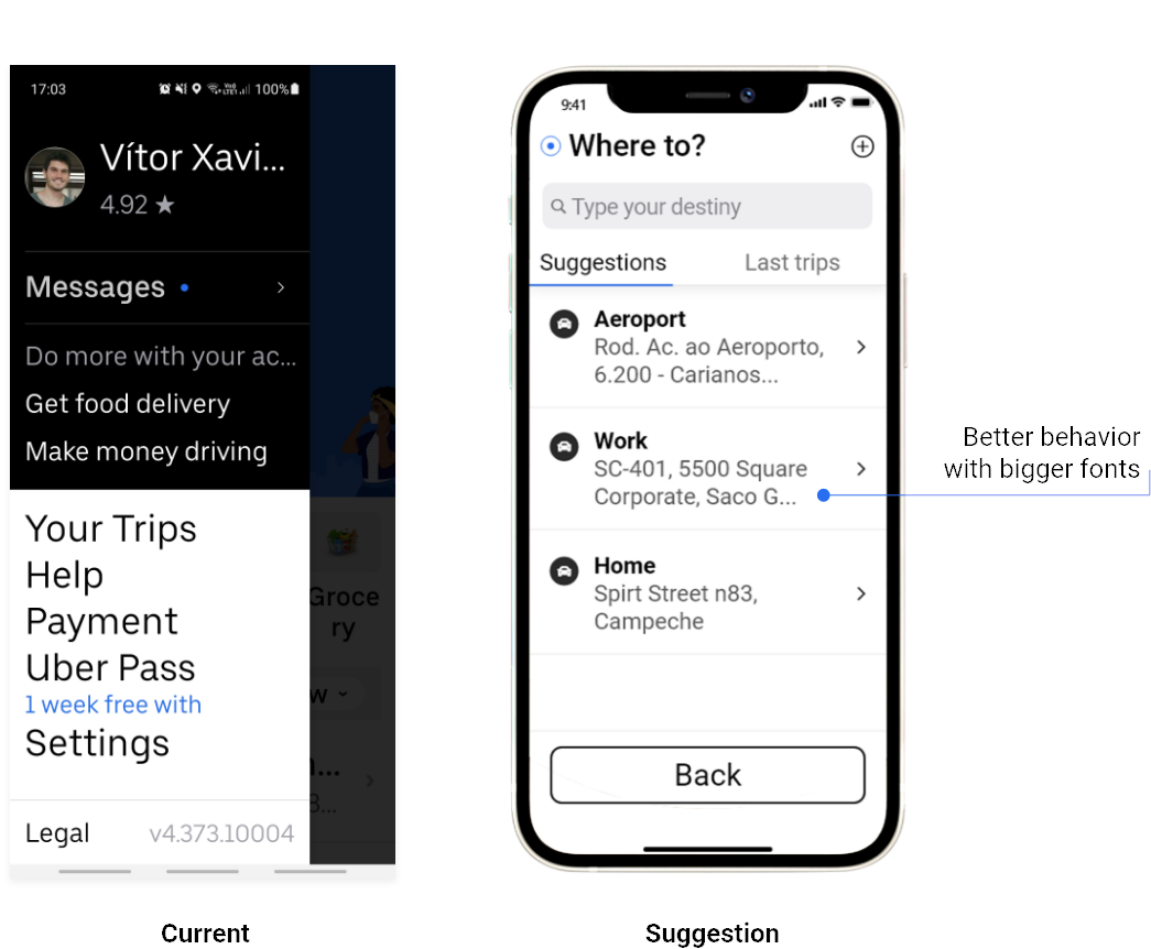 The current account menu beside the suggested destination screen, annotated: &ldquo;Better behavior with bigger fonts&rdquo;.