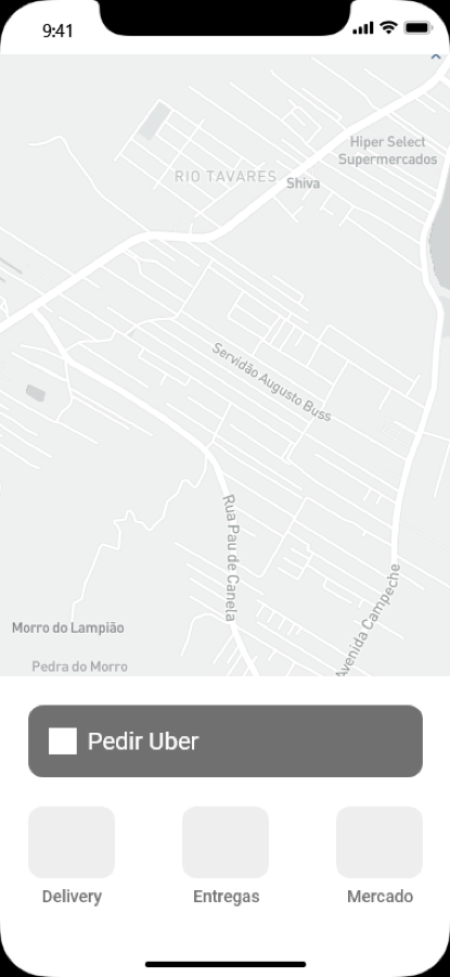 Wireframe of the home screen: a map above a single primary &ldquo;Pedir Uber&rdquo; button, with delivery, parcel and grocery tiles demoted below it.