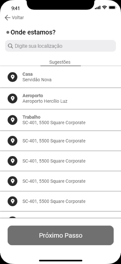 Wireframe of the origin picker, headed &ldquo;Onde estamos?&rdquo;, with a search field and a list of saved places.