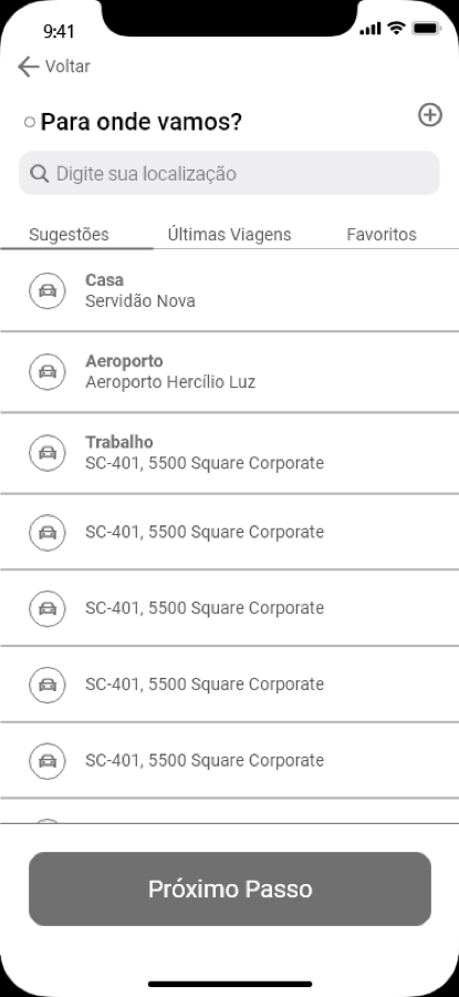 Wireframe of the destination picker, headed &ldquo;Para onde vamos?&rdquo;, with tabs for suggestions, recent trips and favourites.