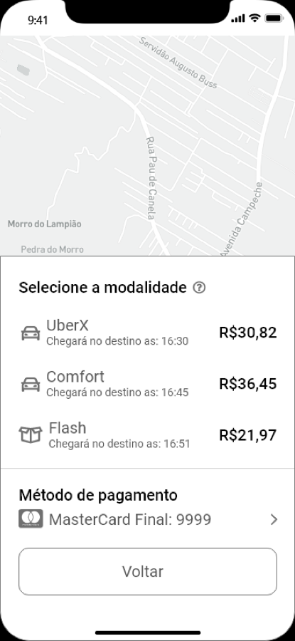 Wireframe of the ride selection, headed &ldquo;Selecione a modalidade&rdquo;, listing each ride type with its arrival time, price and the payment method.